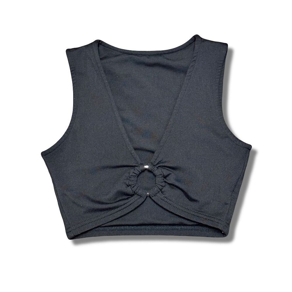 Aevziv Women's XS Black V-Neck Crop Top with Ring Detail Sleeveless